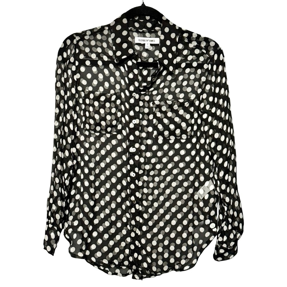 Elizabeth and James 100% Silk Black and White Polka Dot Button Front Blouse Top - Picture 2 of 15